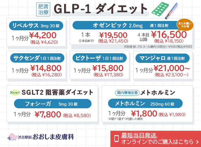 GLP-1ダイエット1ヶ月5,500円〜オンライン購入可 - 渋谷駅前おおしま皮膚科