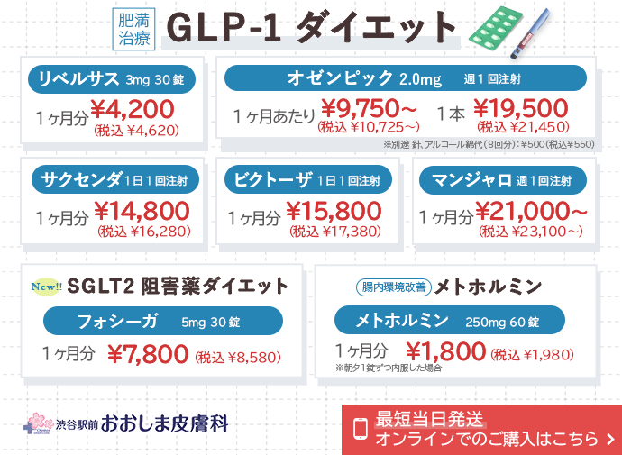 GLP-1ダイエット1ヶ月5,280円〜オンライン購入可 - 渋谷駅前おおしま皮膚科