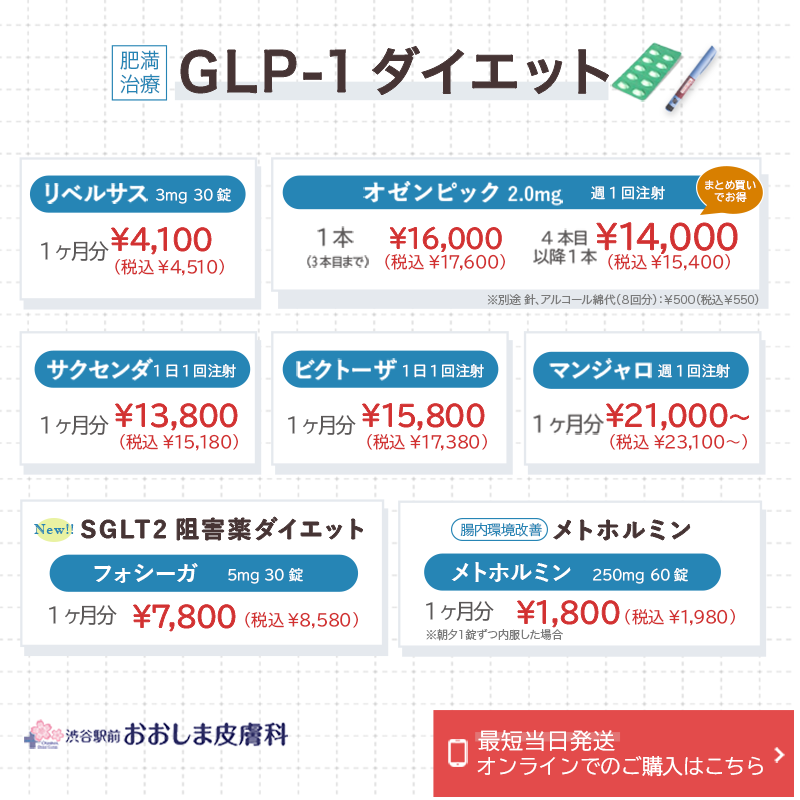 GLP-1ダイエット 1カ月4,100円(税込4,510円)～ 渋谷駅前おおしま皮膚科
